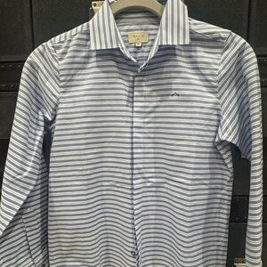 Nanos boys button down dress shirt, size 10, color blue and white, cotton fabric